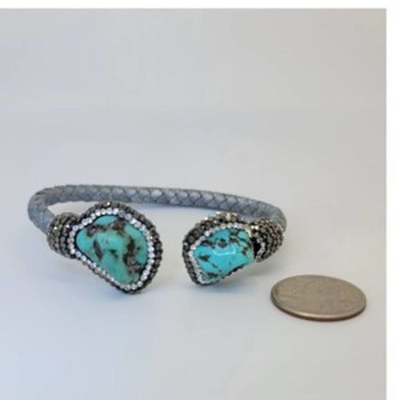 Turquoise & Round Crystal Woven Silver Cord Cuff - Picture 4 of 10